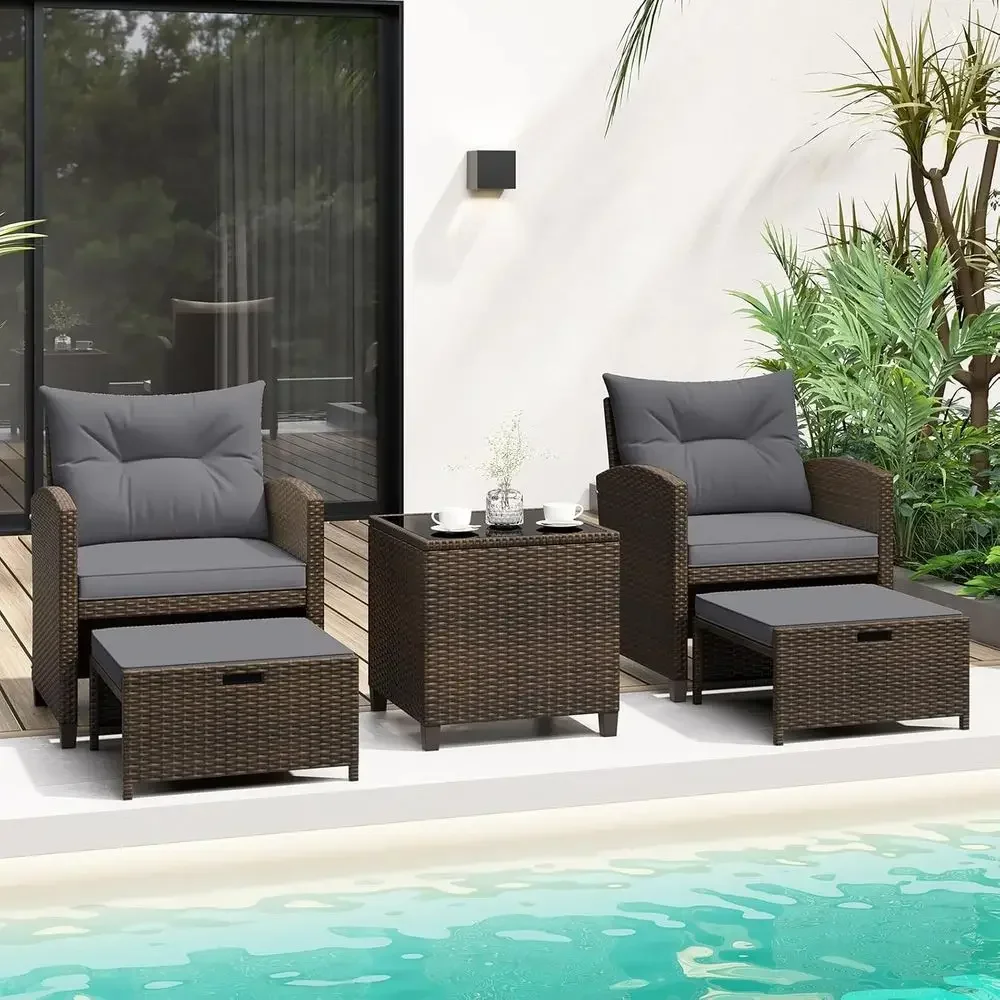 5-Piece Patio Furniture Set with Ottomans, Wicker Outdoor Conversation Set with Coffee Table and Cushions, PE Rattan Lounge Chai