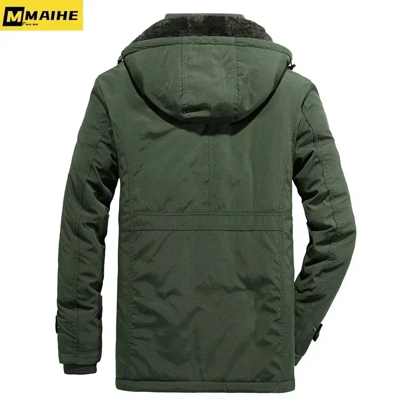 2023 Men's Winter Jacket Fleece Linning Warm Parka Hooded Windproof Skiing Hunting Padded Coat Plus Size Clothing Men's Pockets