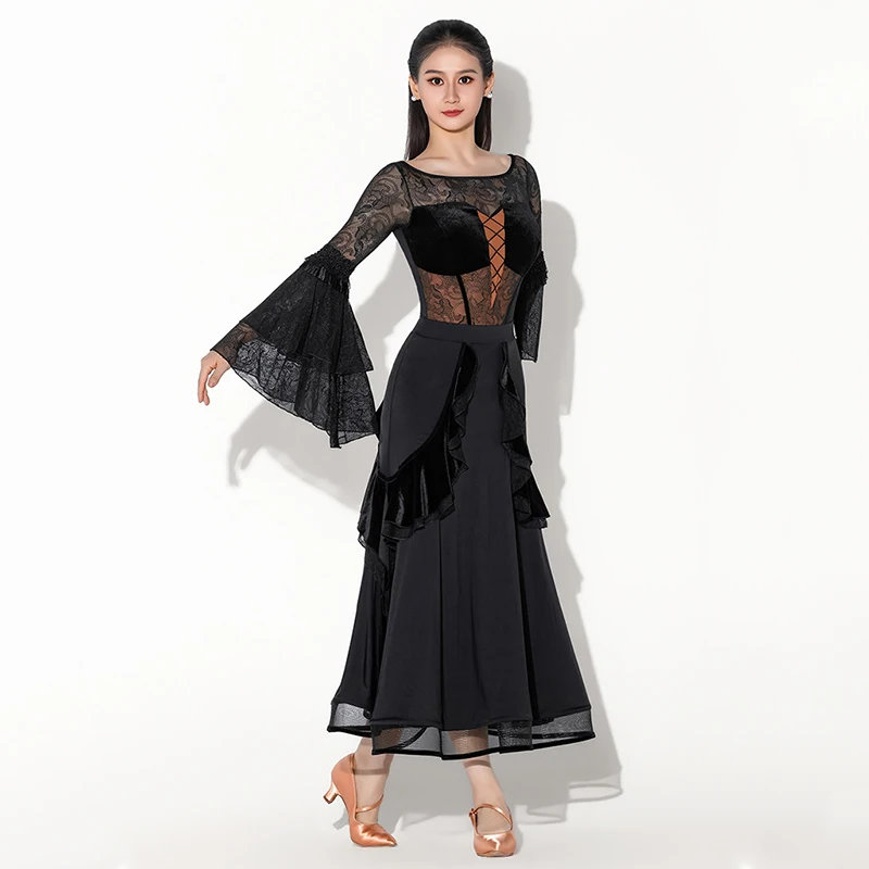 

Women New Ballroom Dance Competition Clothing Black Lace Long Sleeve Top Big Swing Skirt Suit Waltz Modern Dance Dress DN22989