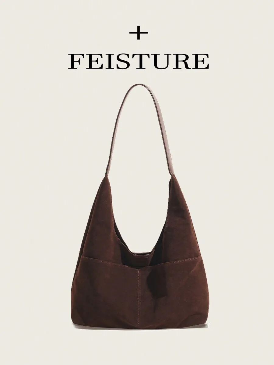 

Brown Suede Hobo Shoulder Bag with Front Pocket and Adjustable Strap