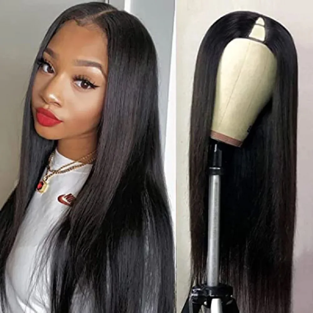 Glueless V Part Wig Pre Cut Peruvian Straight Human Hair Wigs For Women 30 32 Inch Ready To Wear No Leave Out 180 Density Wig