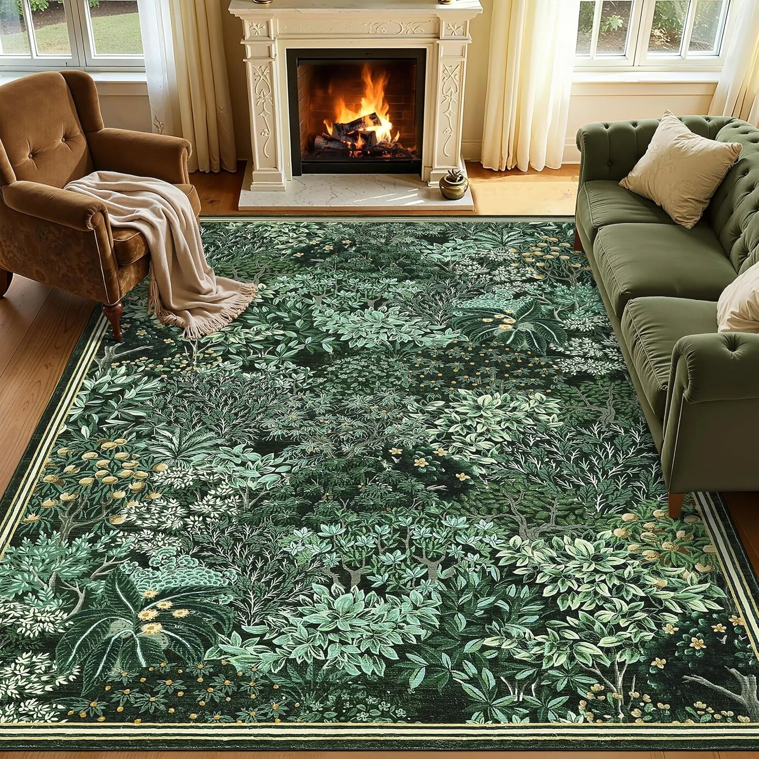 Washable Carpet, Suitable for Living Room, Bedroom, with Green Plant Pattern, Soft Low-Pile, Non-Slip and Stain-Resistant, Forest-Themed Carpet, Suitable for Farmhouse Bedrooms, Dining Rooms, Offices.