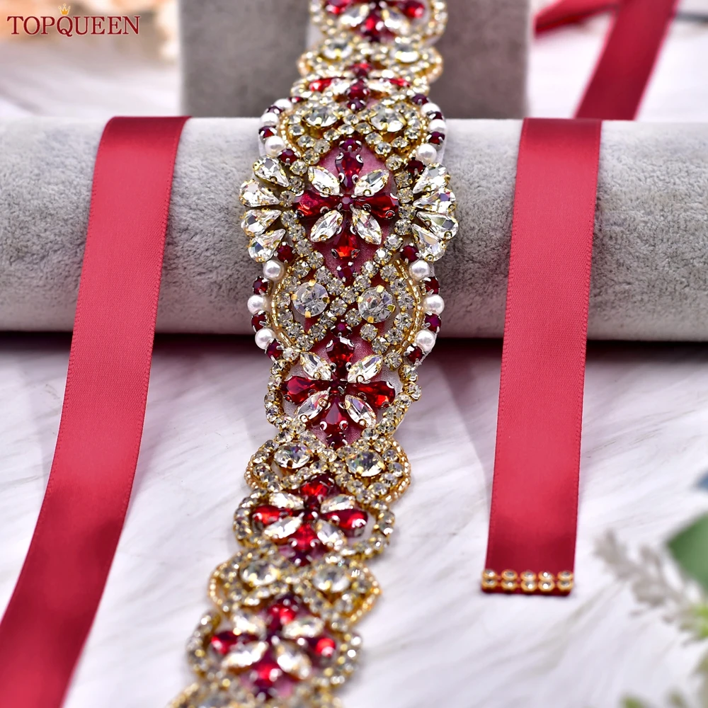 TOPQUEEN Red Rhinestone Bridal Belt Sash Wedding Belt Red Evening Gown Waist Decoration Wedding Accessories Bridesmaid Gift S09