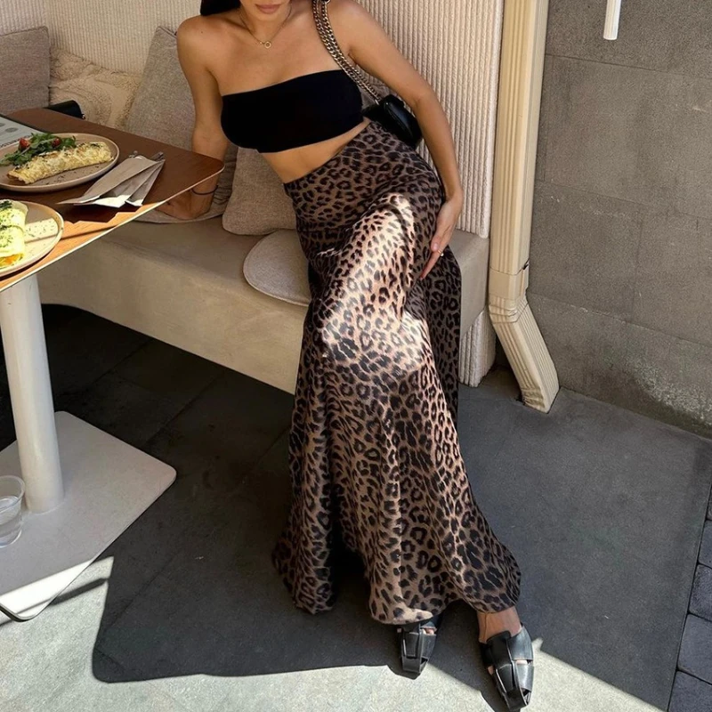 Leopard Print Long Satin Maxi Skirt Women Summer Elegant Ladies Luxury Fishtail Skirts for Women Silk Floor-length Skirts