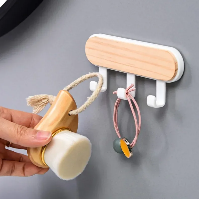 Wooden Wall Hooks Multifunctional Nail Free Self Adhesive Hook Door Wall Hangers Key Storage Hook Multi Racks Wall Hanger