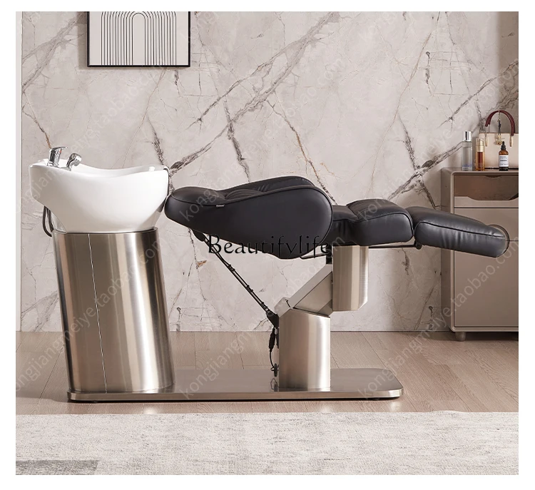 High-End Lying Half Ceramic Basin Electric Lifting Flushing Bed Barber Shop Shampoo Chair for Hair Salon