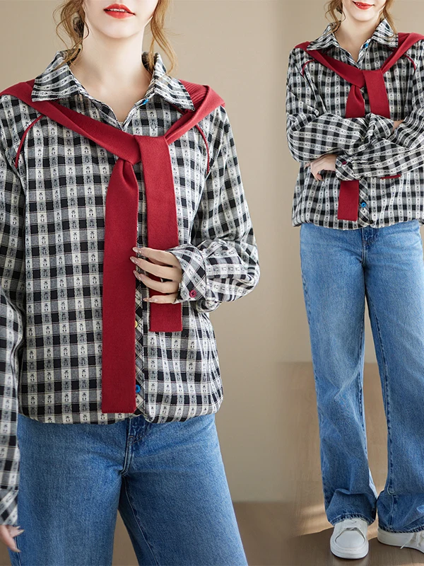 

Trendy Plaid Splice Hooded irt Women's Autumn Winter Loose Design Sense irt Retro Sle Long Sve Thiened Cotton Coat