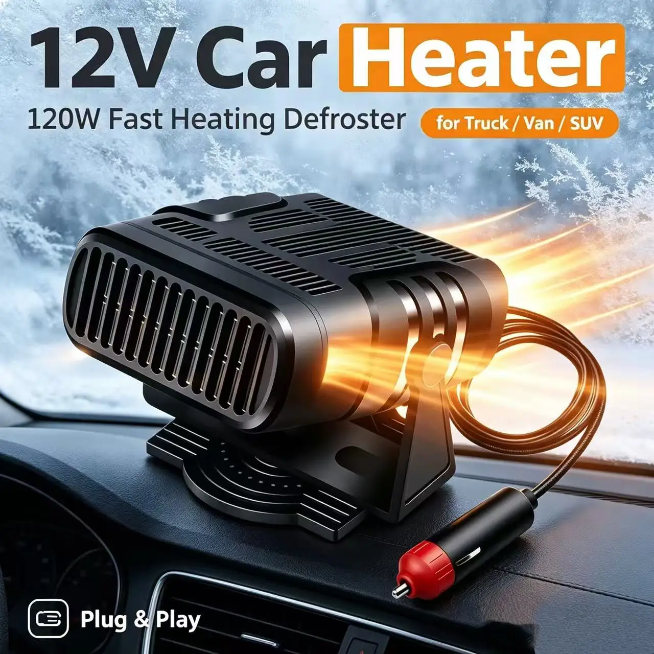 Portable 120W 12V Car Heater Fan Fast Heating Windshield Defrost Defog 360° Adjustable Swivel Base Winter Heating Accessory