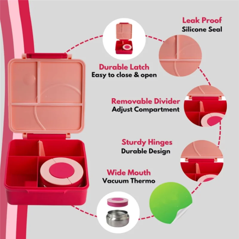A74G-断熱弁当箱 子供用 保温漏れ防止ランチコンテナ 4つのコンパートメントで温冷両用、学校や旅行に
