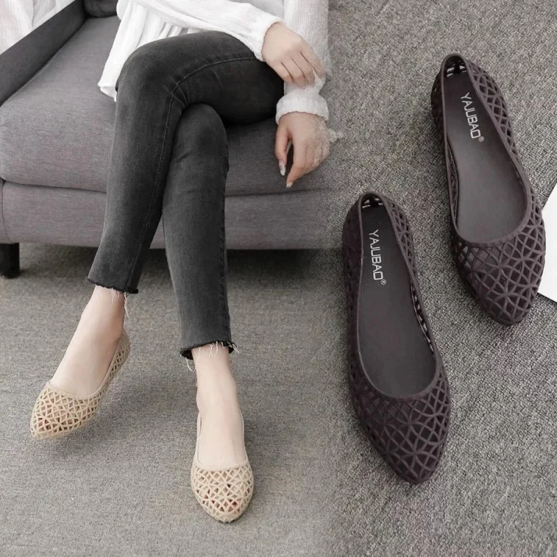 2026 Summer Women's Jelly Wedge Flats Pointed Toe Hollow Out Slip On Breathable Beach Sandals Anti Slip Casual Shoes