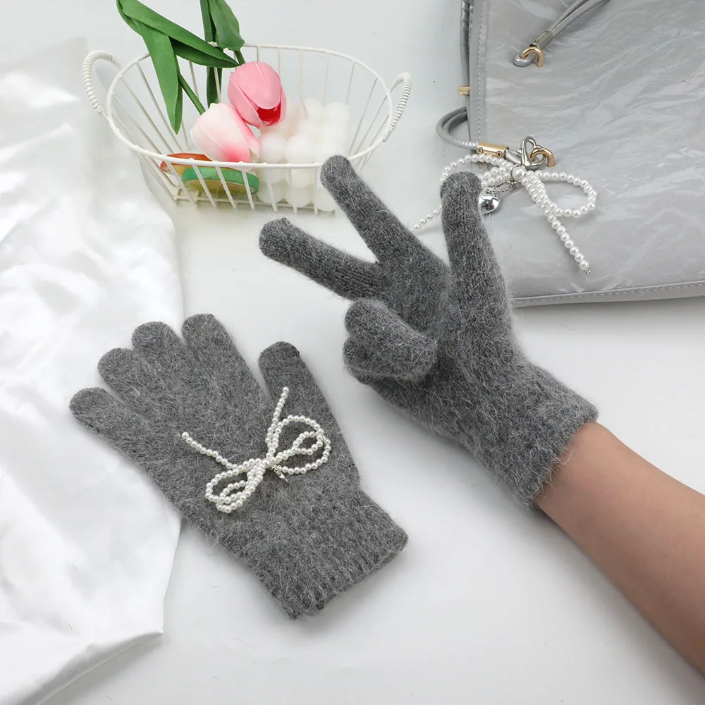 1 Pair Black Short Full Finger Knit Wrist Glove With Pearl Bow Keychain Pendant Winter Warm Stretch Gloves Cycling Accessories