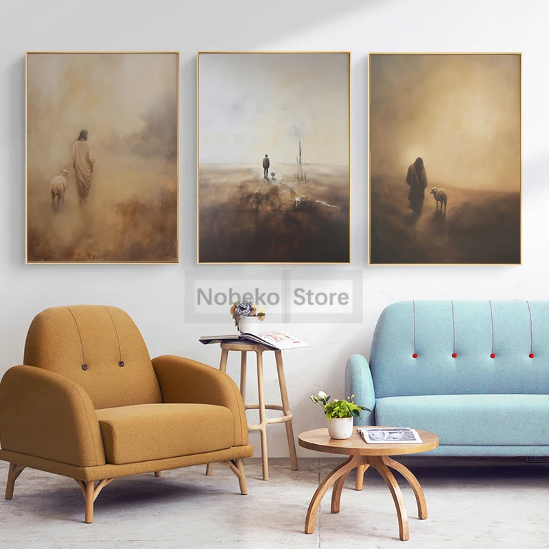 Jesus and Lamb Lost Sheep Parable Christian Artwork Bible Art Poster Prints Canvas Painting Wall Art Pictures Home Room Decor