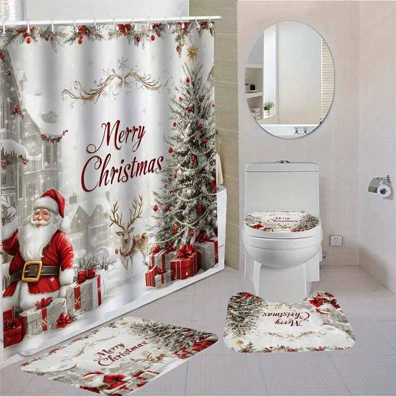 4PCS Christmas Shower Curtain Set w/ 12 Hooks, Non-Slip Mat, Toilet Cover & Washable Rug – Holiday Bathroom Decor