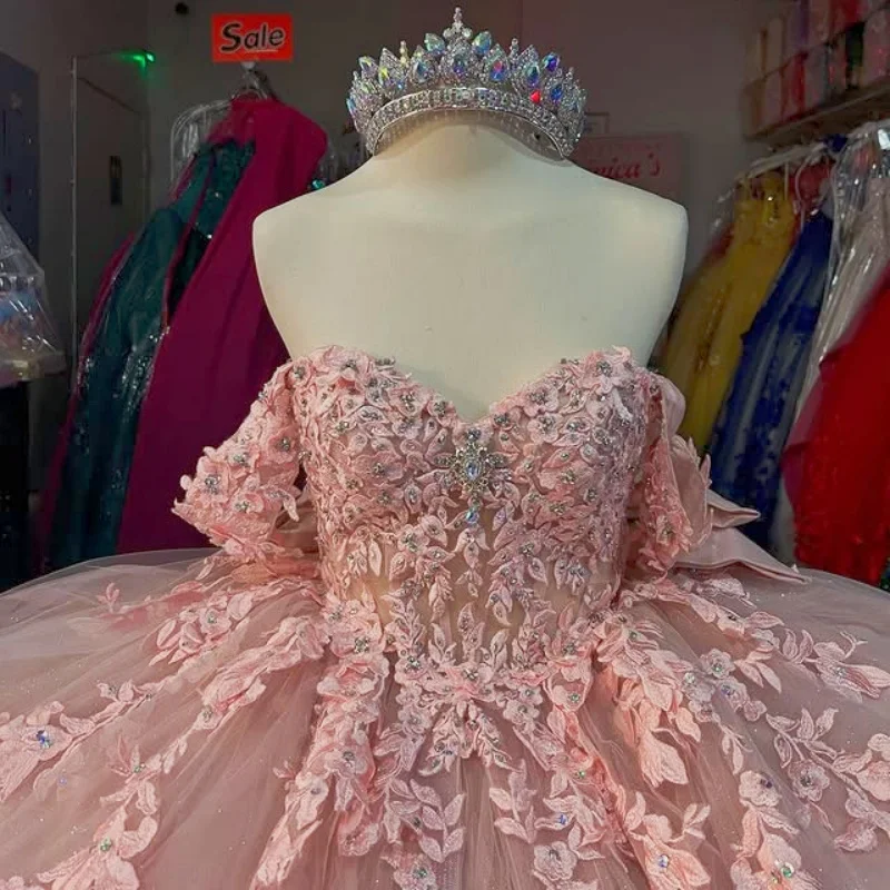 

Customized Shiny Pink Quinceanera Dresses Off the Shoulder Tull applique Lace Long tail Bow Vestido De 15 Quinceanera