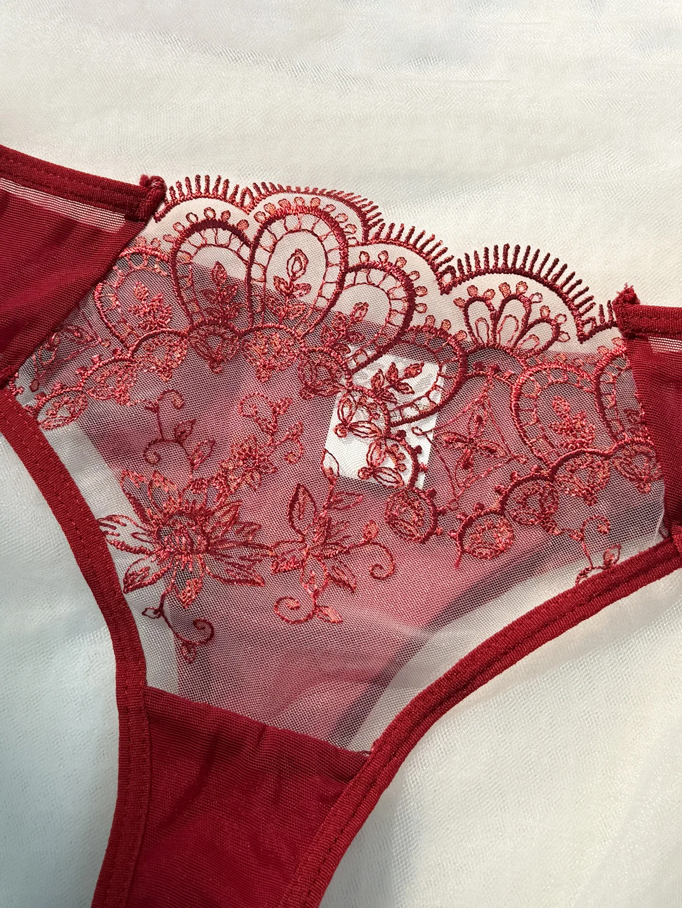 WineRed French-style floral embroidery lace lingerie set, sexy see-through padded support, Valentine's Day party ZA824057 view 5