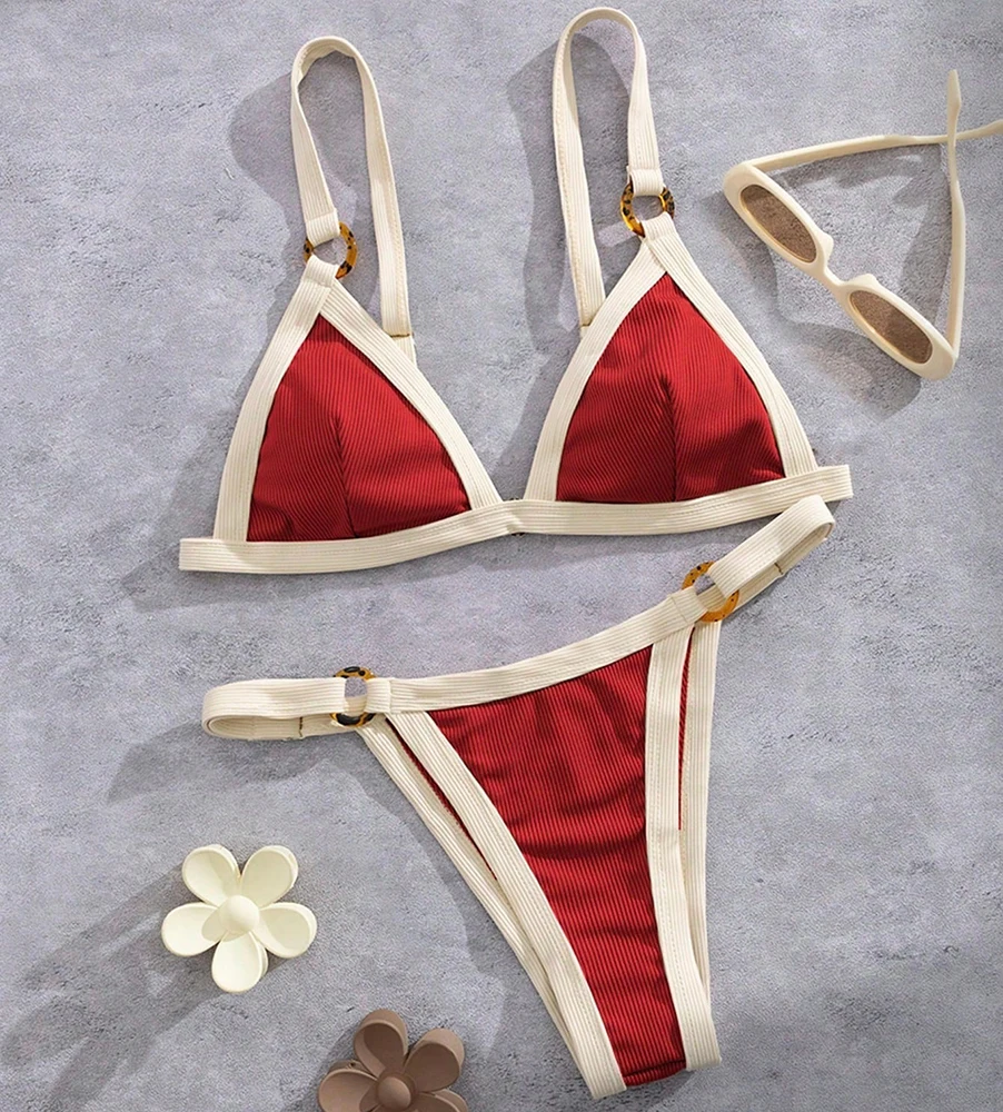 Sexy Women's Swimsuit 2026 Splicing Ribbed Thong Bikini Split Bathing Suit Low Waist Bikinis Sets Brazil Beach Swimwear