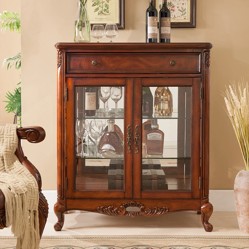 Wood Carved Double Door Wine Cooler European Style Wine Cabinet Display Cabinet Glass Door Retro Overall Small Side Cabinet