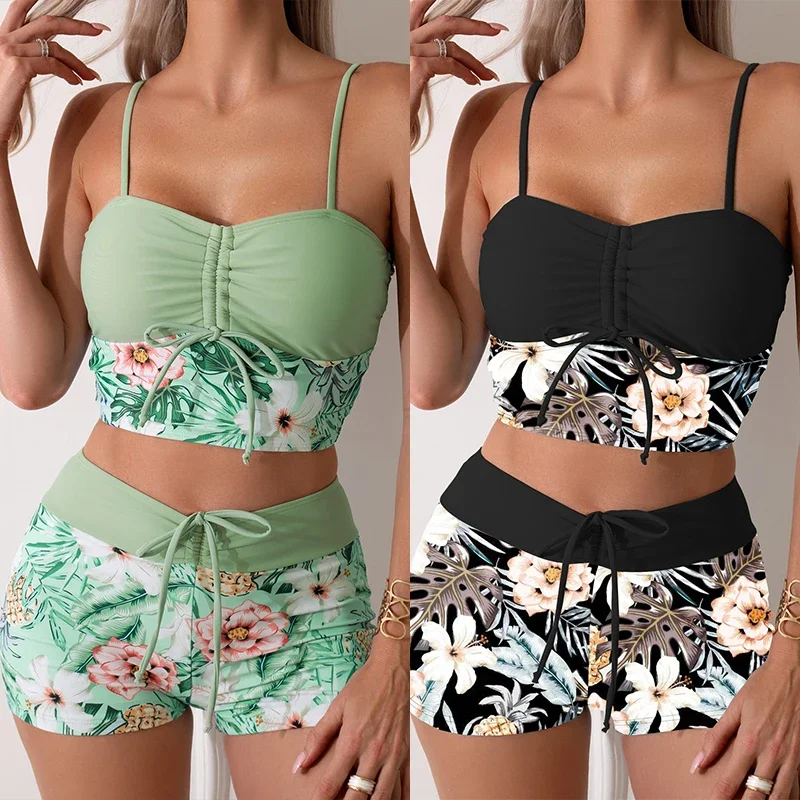 Ensemble Tankini à fleurs imprimées pour femmes, maillot de bain fille, sangle réglable, glaBra, short à fleurs, bikini, string de proximité, ensemble de plage