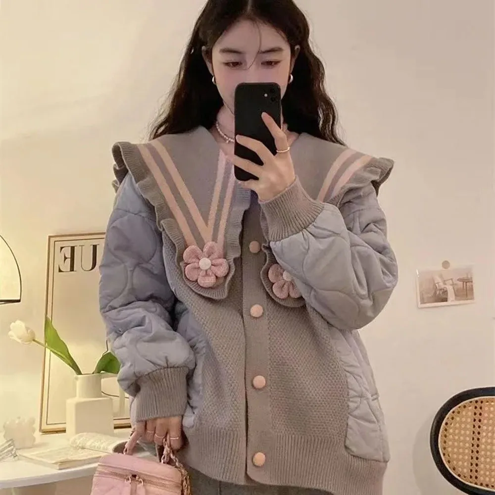 Winter Knitted Stitching Parkas Sweet Flower Cute Doll Collar Loose Contrast Color Cotton Jacket Women Warm Quilted Sweater Coat