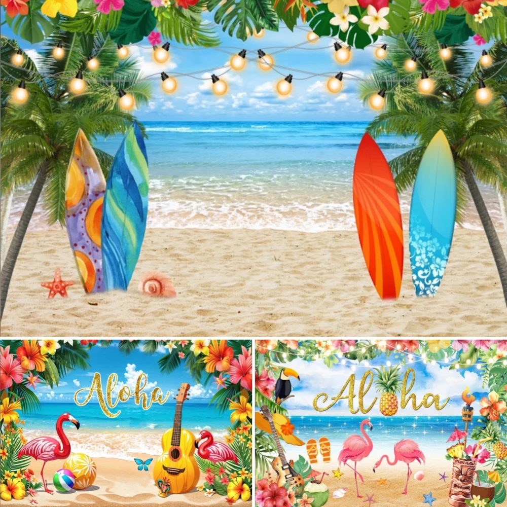 

Summer Beach Hawaiian Photography Background Seaside Tropical Hawaii Luau Aloha Flamingo Family Birthday Party Backdrop