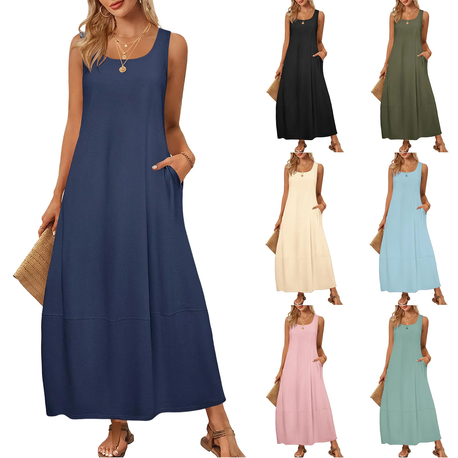 2026 Frühling Sommer Neues Elegantes Damen-Midikleid Ärmellos Einfarbig U-Ausschnitt Freizeitkleid Damen Party Club Kleidung Mit Tasche – Detail 2