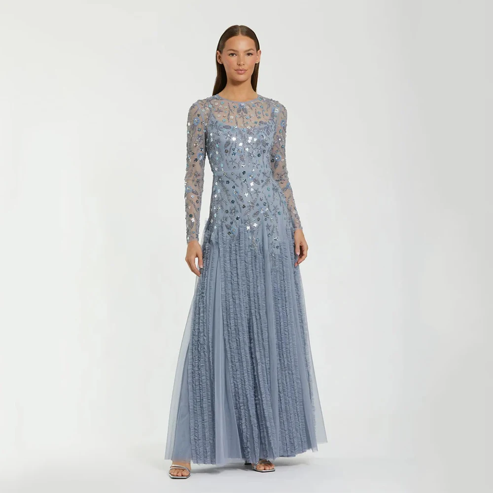 Customized Gray Tulle High Quality Evening Dress Scoop for Floor-Length with Beads A-line for Formal Evening Vestidos De Fiesta