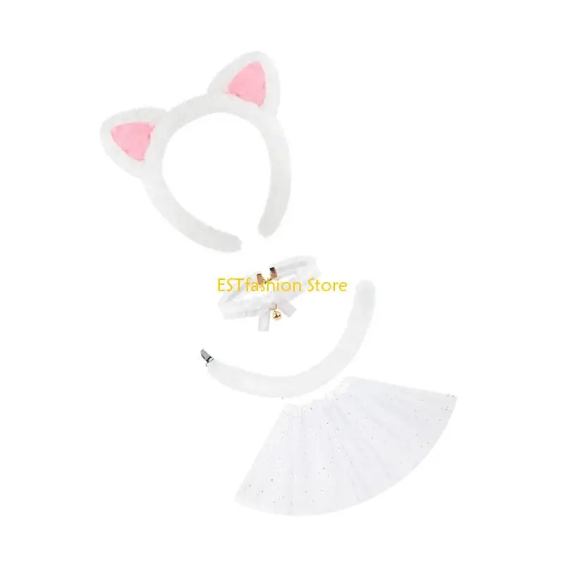 Y5GC Katzen Kostüme Set Katzen Ohren Stirnbänder Schwanz Glocken Halsband Tutu Rock Tier Cosplay Kostüme für Halloween Party