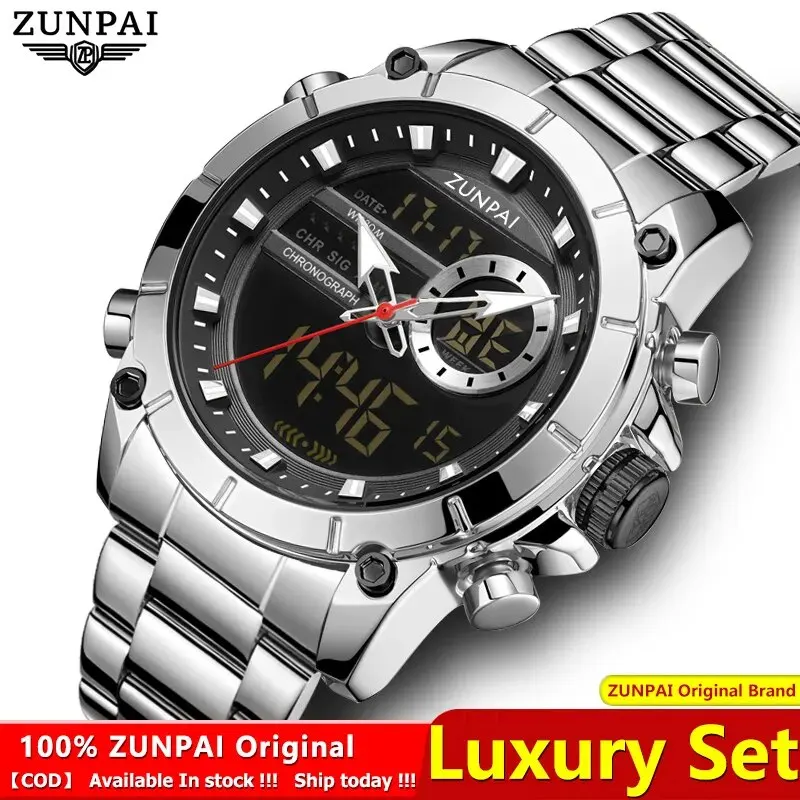 ZUNPAI Original Men\'s Watch Top Brand Luxury Leather Sports Watch Gold Black Men Quartz LED Digital Clock Waterproof Military