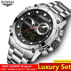 ZUNPAI Original Men's Watch Top Brand Luxury Leather Sports Watch Gold Black Men Quartz LED Digital Clock Waterproof Military