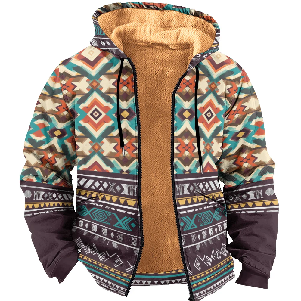 Men's and Boys' Hooded Parkas, Winter Zipper Jacket with Retro Print and Pocket Leisure Camping for Warmth