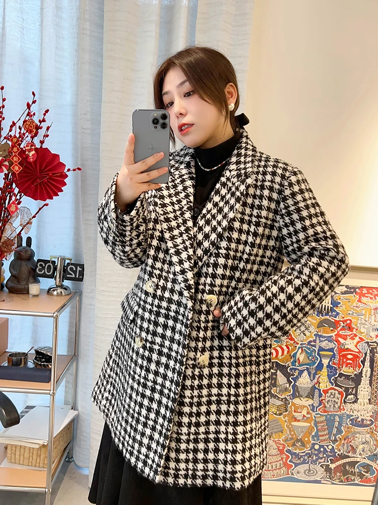 

Шерстяное пальто Vogana большого размера, утепленное, в корейском стиле, ретро, в клетку, с хлопковой подкладкой, зимняя верхняя одежда, костюм для повседневной носки