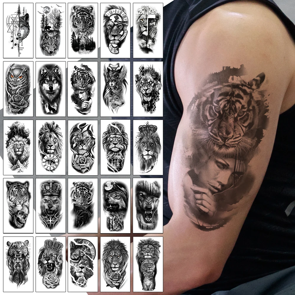 5pcs/Set,Waterproof Temporary Fake Tattoo Stickers Decals,Animan Tiger Lion Wolf OWL Beast,Body Art for Sexy Cool Man Women Arm