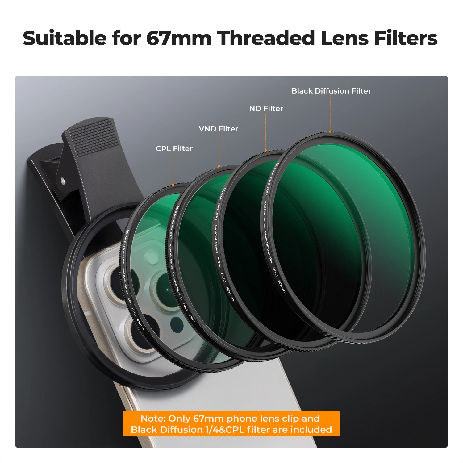 K&F Concept 67mm Filtr ND do telefonu ND2-32 Filtr CPL 1/4 1/8 Czarny Pro Mist Filter Clip-on do iPhone'a Mobilny smartfon Aparat fotograficzny — zdjęcie produktu 7