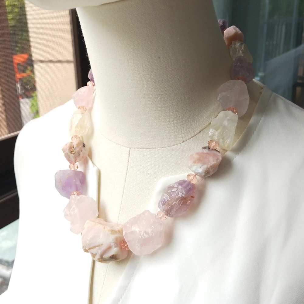 Lii Ji Real Stone Necklace Rose Quartz Lemon Quartz Amethyst Pink Opal 52cm Women Necklace Jewelry Gift