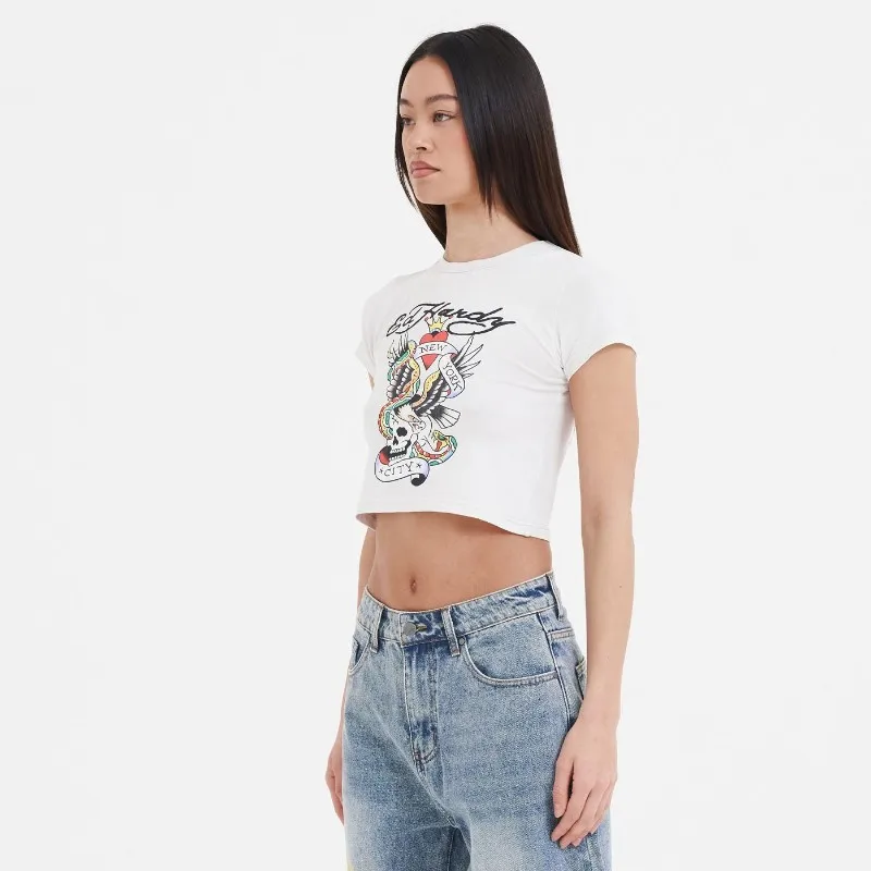 Y2k women\'s round neck short sleeved t-shirt with hip-hop graffiti pattern print, slim fit and sexy vintage clothes streetwear