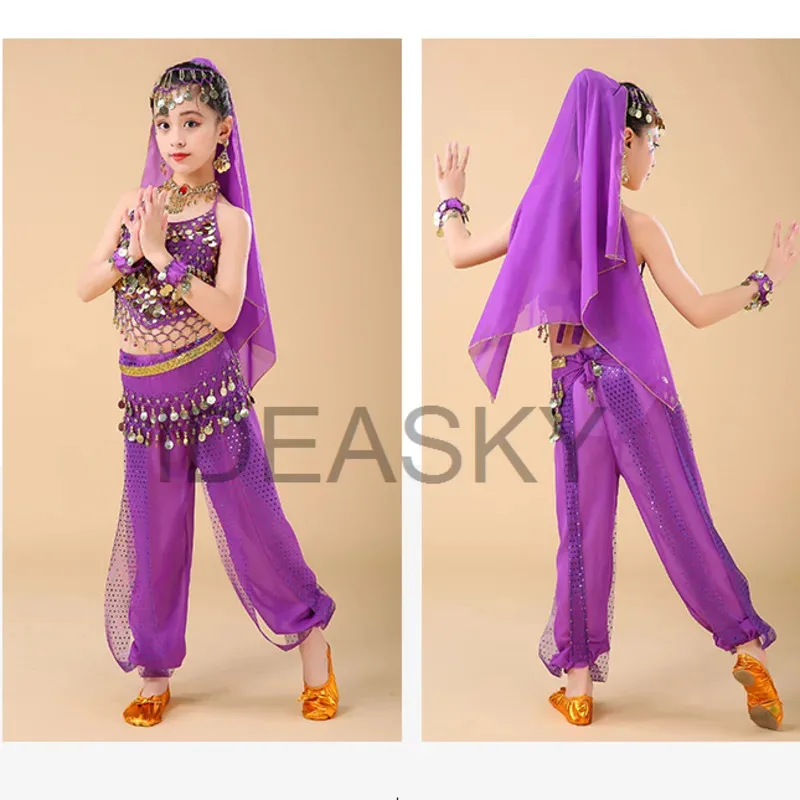 Set Gaun Perut Tari Sari India Anak-anak Profesional Barat untuk Wanita Dewasa Njjh4566