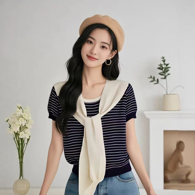 Women Round Neck Striped Fake Two-piece Casual Short Sleeve T-shirt With Scarf