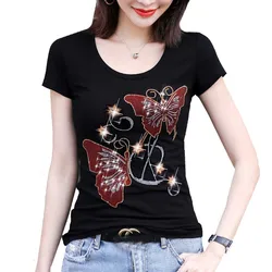 Y2k Cotton Short Sleeve Girl Tees Tops Female Korean Style Summer Love Diamond Encrusted Slim Size O Neck Bottom T Shirt Women