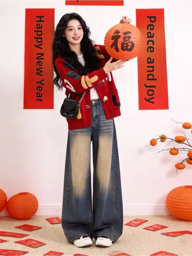 

Женский комплект больших размеров: модный трикотажный кардиган с мультяшным принтом и джинсы с высокой талией для стройности, весенний комплект из двух предметов