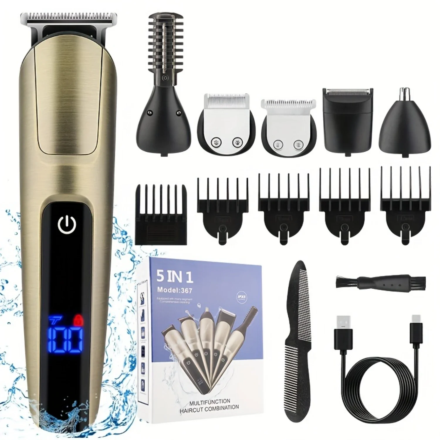 Waterproof Beard Trimmer, Hair Clippers Body Mustache Nose Hair Trimmer, Cordless Precision Trimmer, 5 In 1 Hair Grooming Kit, U