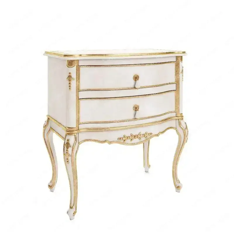 HH  Bedside Table Solid Wood Neoclassical Carved Bedside Double Drawer Locker Bedroom Storage Cabinet Furniture
