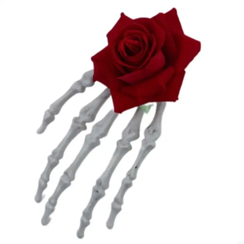 

39BC Mystical Skull Hand Hair Clip with Rose Embellishments Hairpin Unique Hairpieces for Halloween Party Fashion Statements