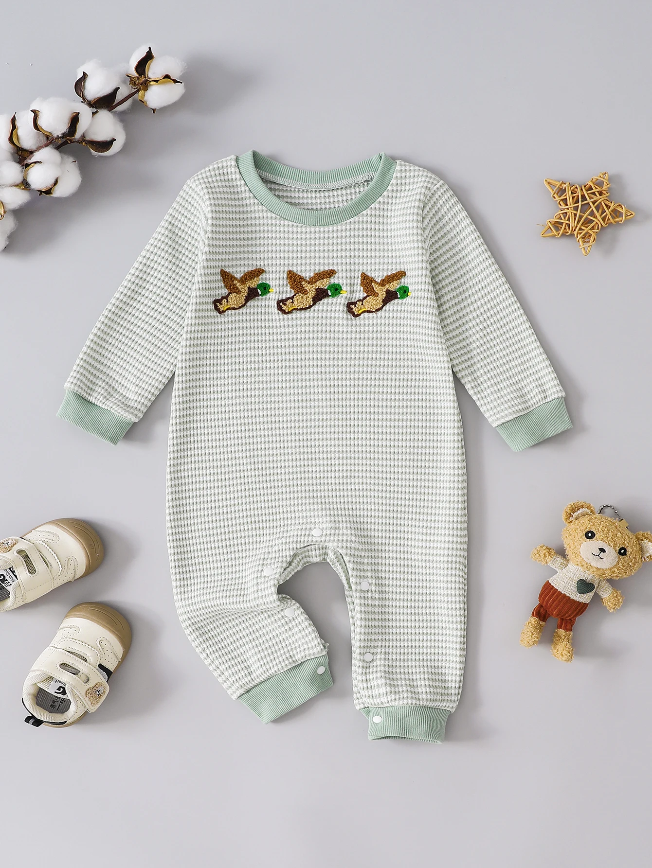Waffle Knit Baby Long Sleeve Jumpsuit Cute Duck Embroidery Round Neck Snap Closure Infant Daily Casual Home Romper Outfit