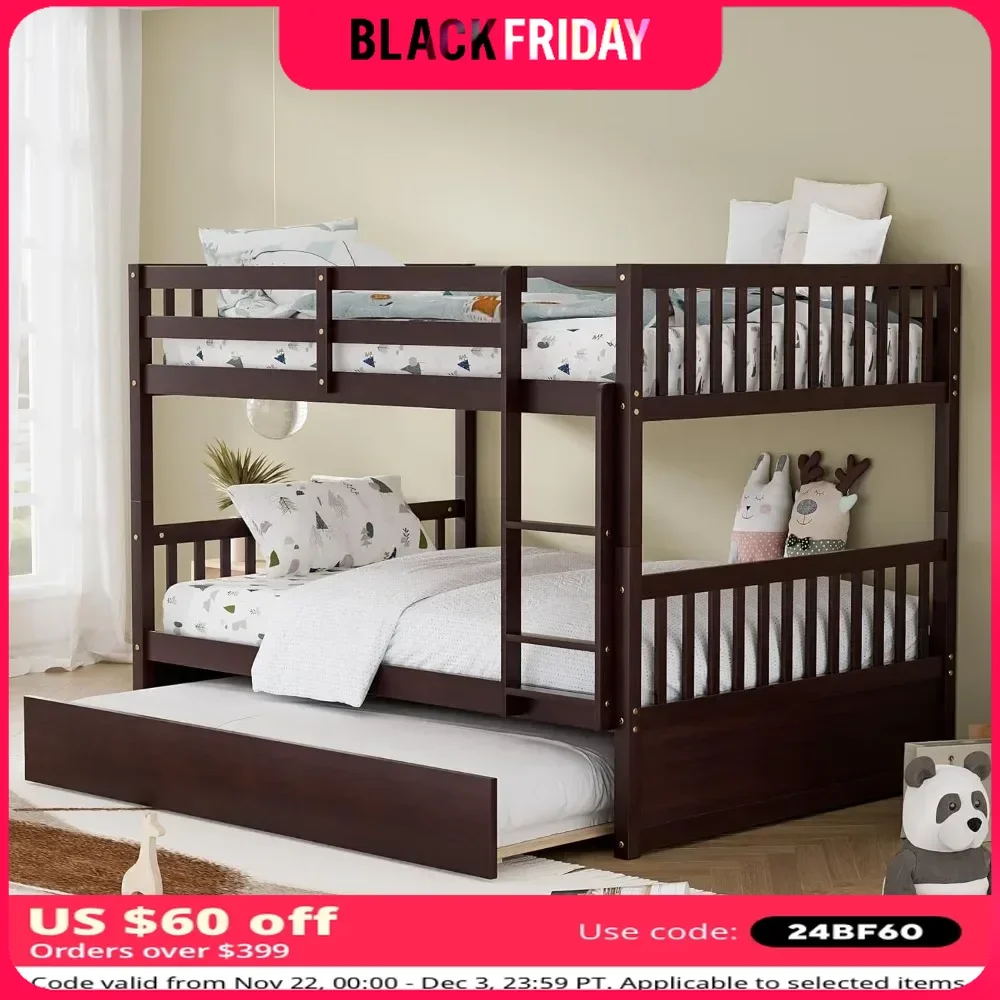 Full Bunk Bed,Convertible To 2 Fulls Size Platform Beds,with Ladder and Safety Rails for Teens, Adults, Brown,Full Size Bunk Bed