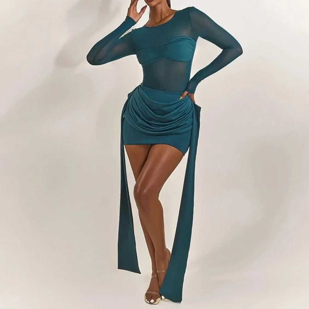 Mini robe moulante en maille transparente avec rubans latéraux, Patchwork, mode femme, Sexy, col rond, manches longues, froncé, Clubwear, automne 2025