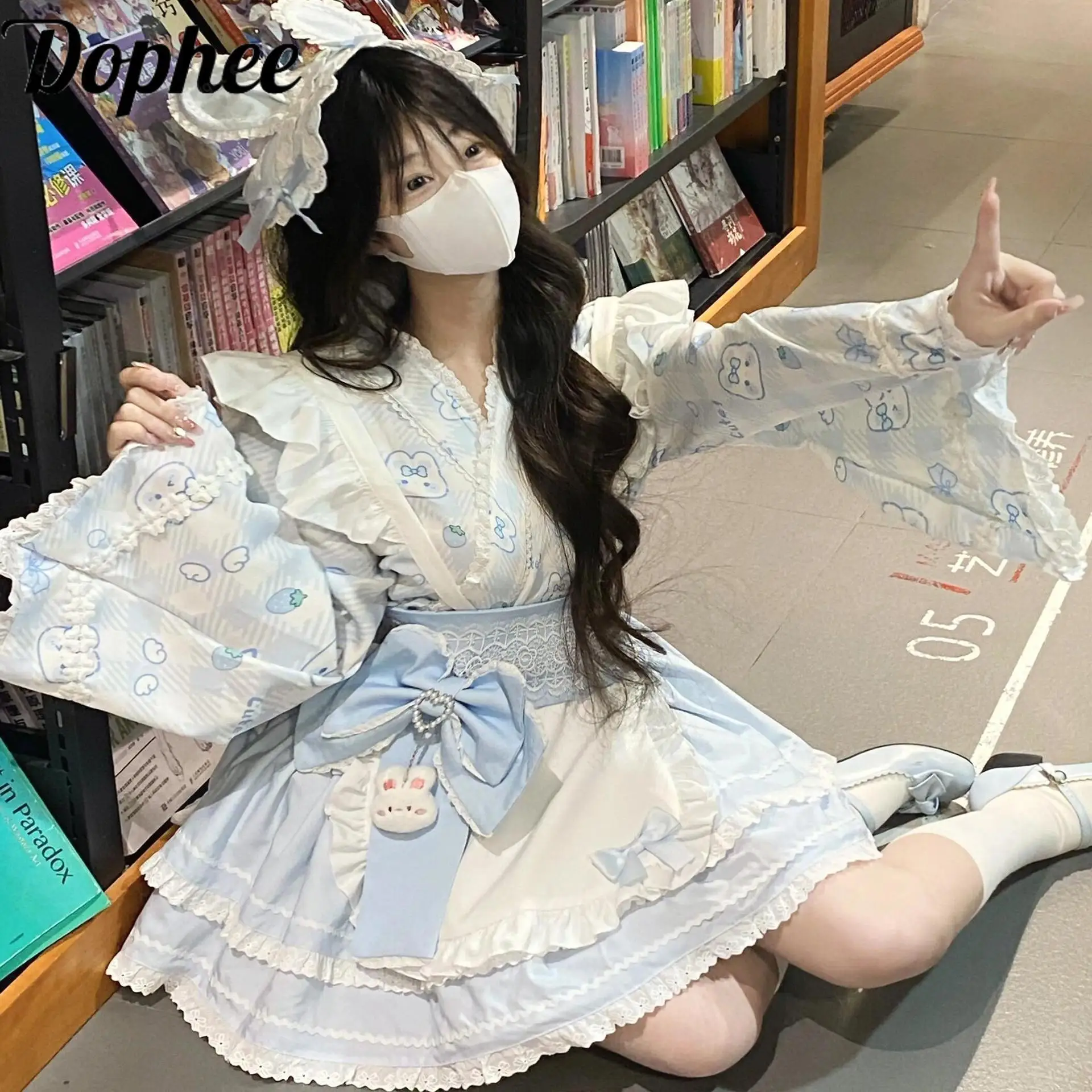 

Dophee Japan Stylee Lolita Dress Sets School Girl Maid Japanese Dress Cartoon Printed V-neck Flare Sleeve Sweet Women Kimono