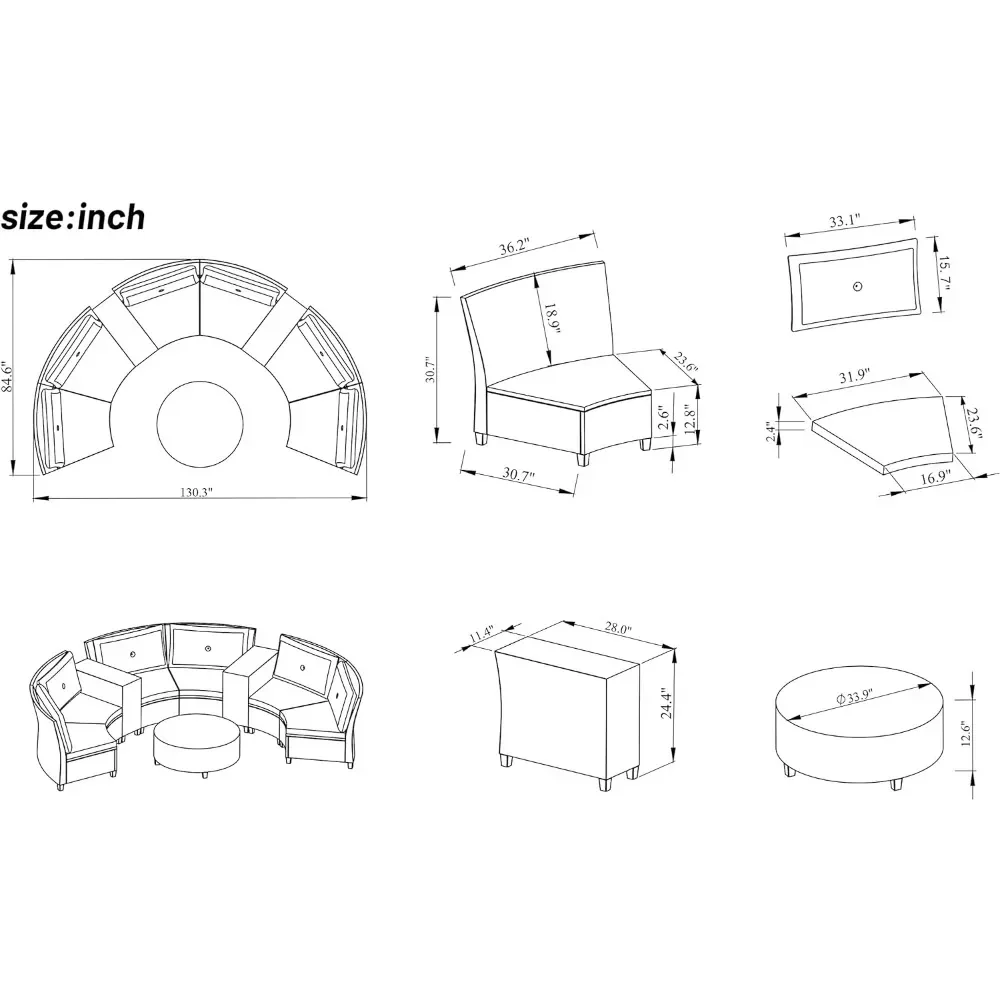 Fan-Shaped Curved Sectional Couch With Coffee Table&Beige Cushions Outdoor Patio Furniture Set of Garden Furniture Gray Rattan