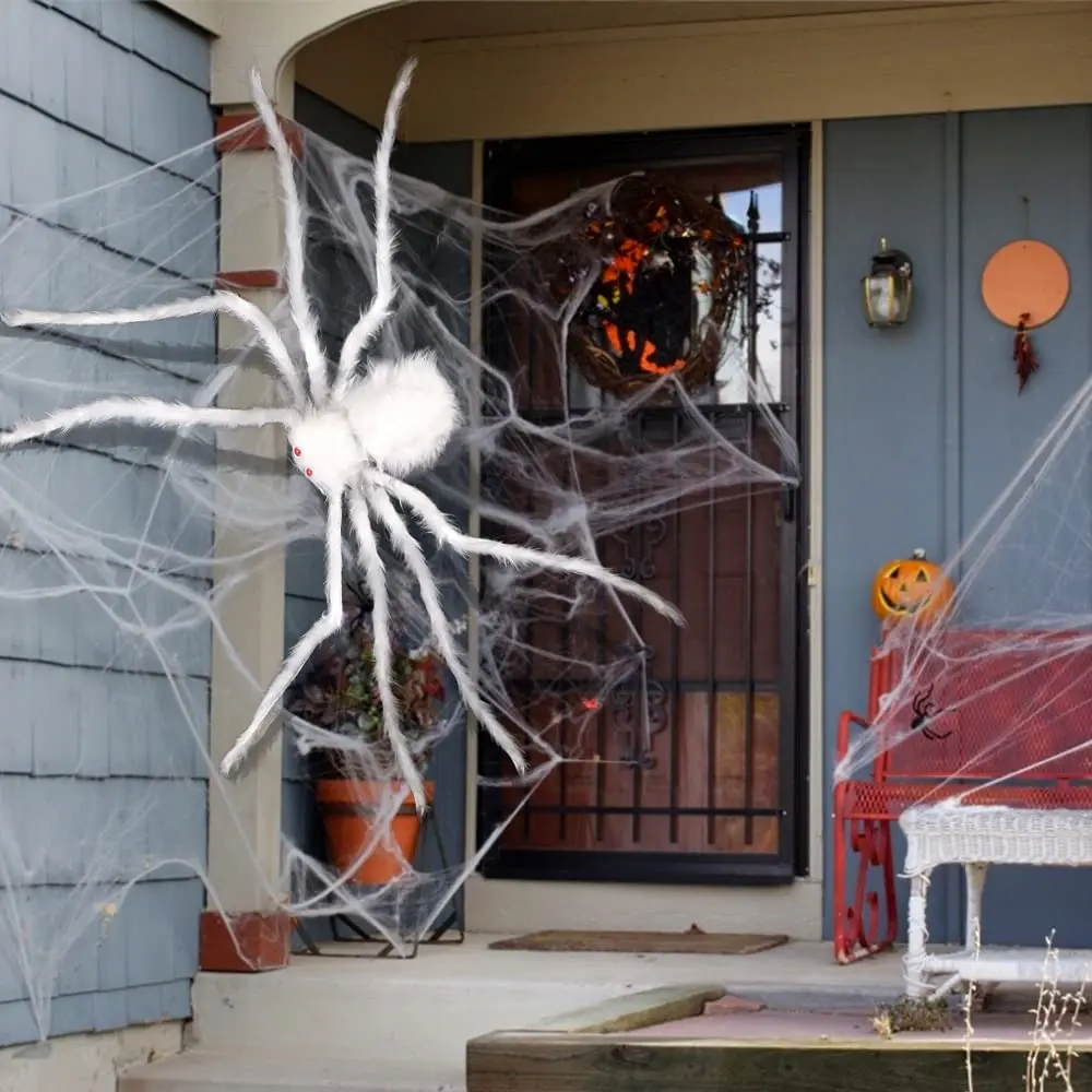 Lush Giant White Spider Halloween Decoration Outdoor Garden Lawn Haunted House Escape Room Scary Photo Props for Party