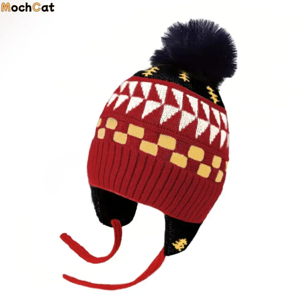 

Lovely Jacquard Baby Knitted Hat Hairball Warm Children Beanies Cap Thicken Ear Protection Kids Earmuffs Cap Boys