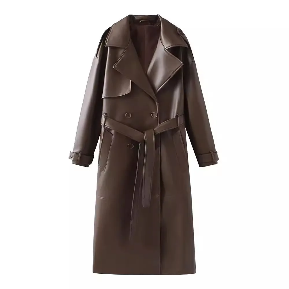 Długi skórzany płaszcz damski 2025New Fashion Lapel Vintage Overcoat with Belt Autumn Winter Chic Warm Solid Outerwear